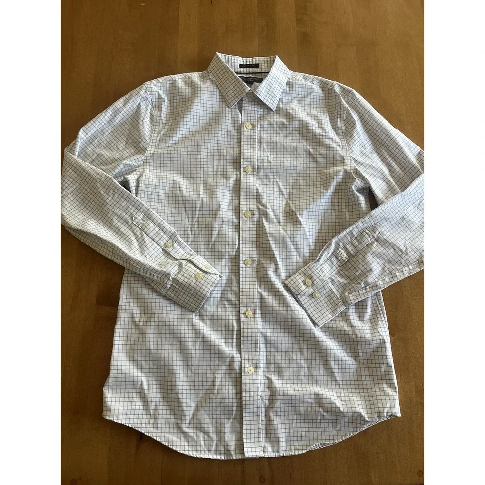 Banana‎ Republic Men's Sz M Slim Fit Non Iron Dress Shirt Blue Box Plaid Cotton
